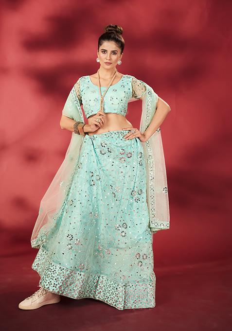 Sea Green Embroidered Poly Net Lehenga Set