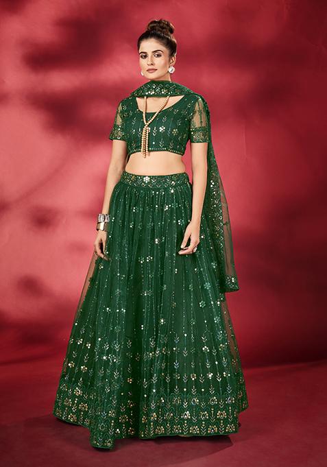 Green Embroidered Poly Net Lehenga Set