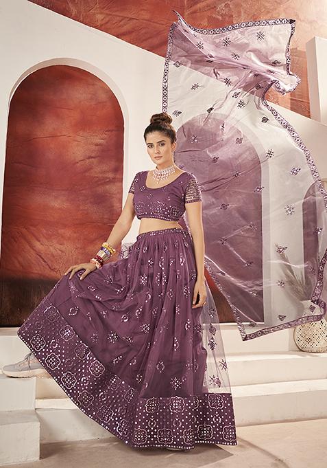 Mauve Embroidered Poly Net Lehenga Set