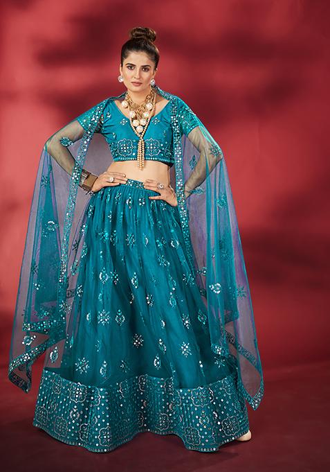 Blue Embroidered Poly Net Lehenga Set