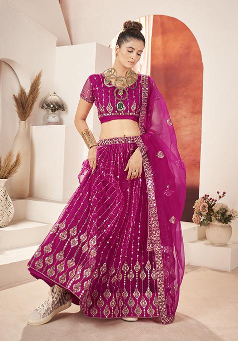 Rani Pink Embroidered Poly Net Lehenga Set