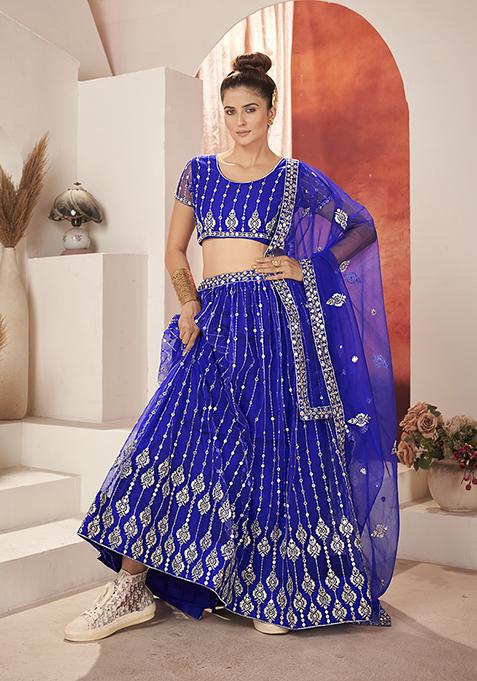 Blue Embroidered Poly Net Lehenga Set