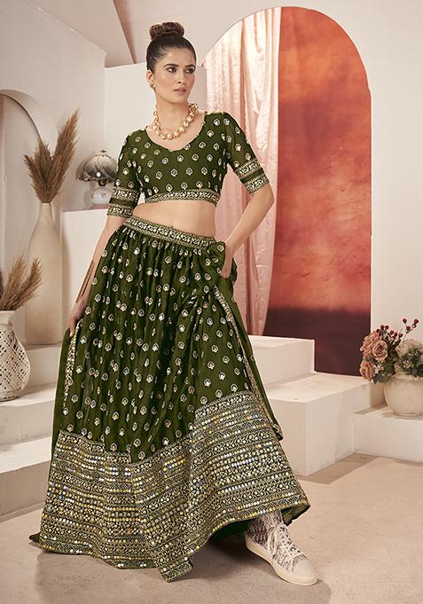 Green Embroidered Silk Lehenga Set