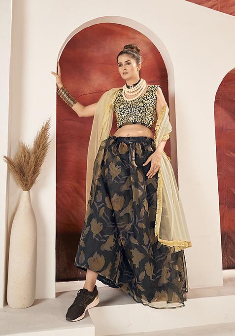 Black Embroidered Organza Lehenga Set