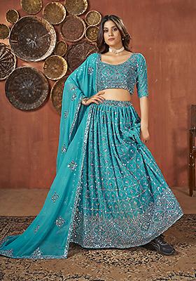 Sea Green Embroidered Poly Georgette Lehenga Set