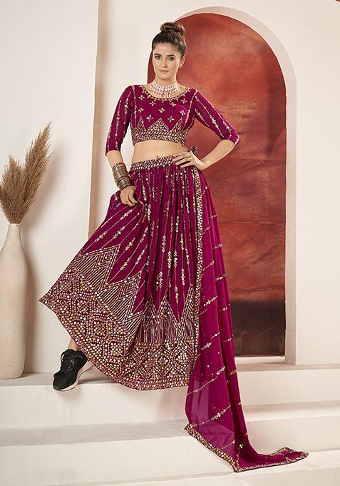 Rani Pink Embroidered Poly Georgette Lehenga Set