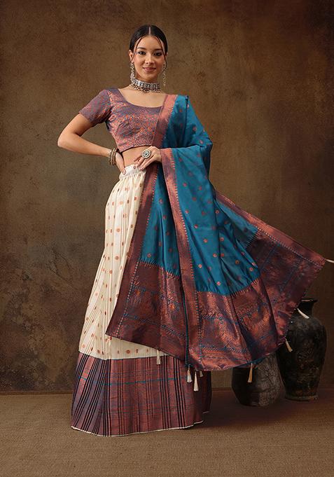 Beige And Blue Zari Woven Banarasi Soft Silk Lehenga Set