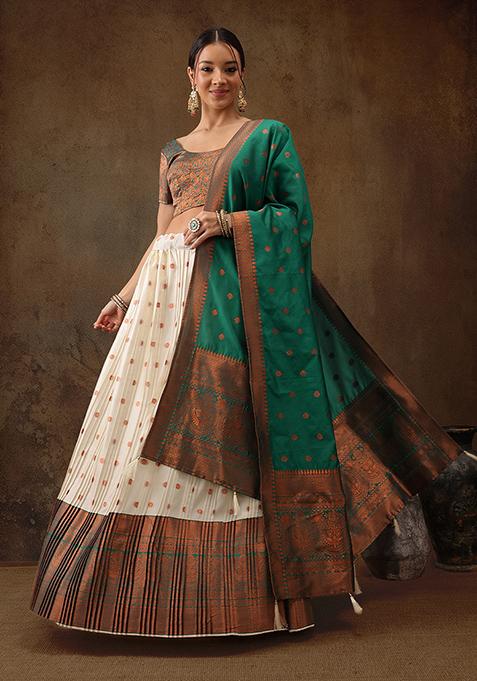 Beige And Green Zari Woven Banarasi Soft Silk Lehenga Set