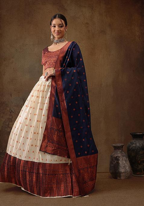 Beige And Navy Blue Zari Woven Banarasi Soft Silk Lehenga Set