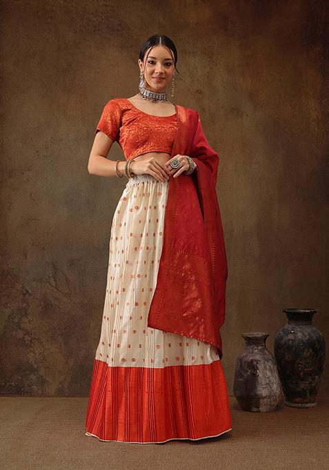 Beige And Red Zari Woven Banarasi Soft Silk Lehenga Set