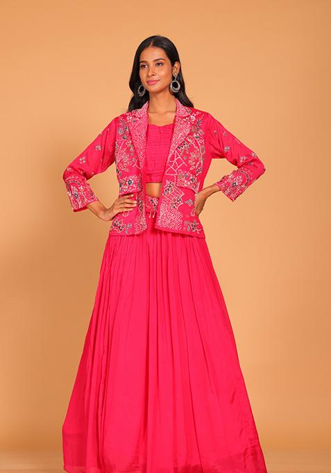 Red Embroidered Poly Chiffon Jacket Set