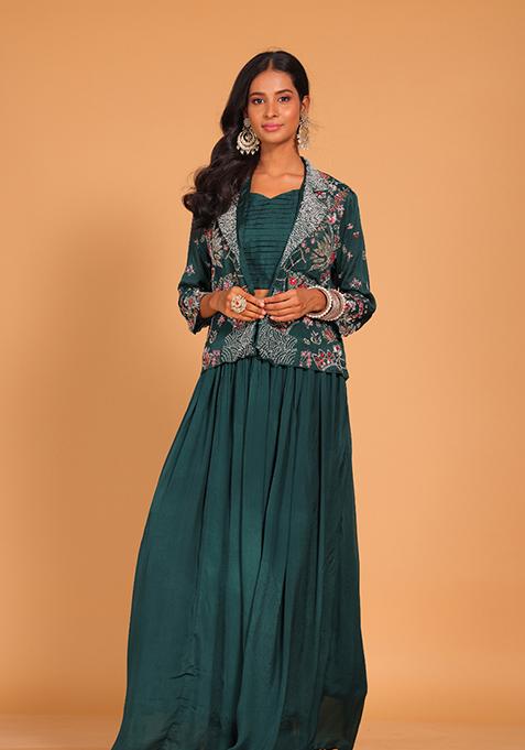 Green Embroidered Poly Chiffon Jacket Set