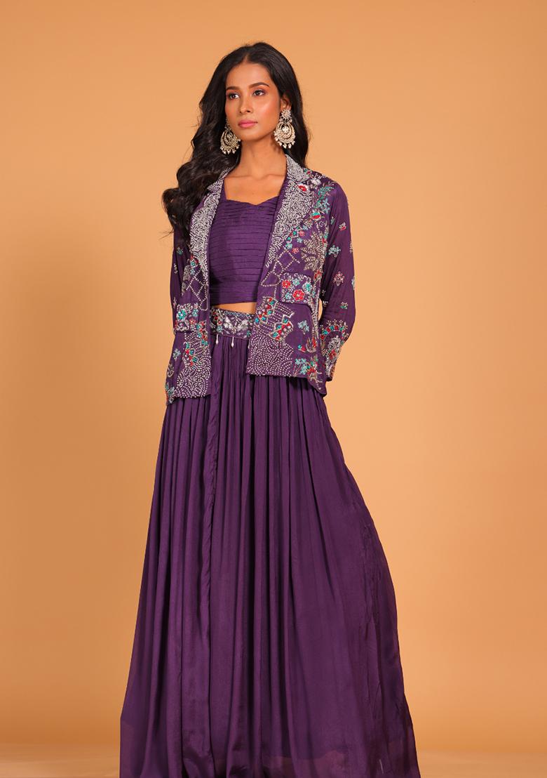 Buy Women Blue Embroidered Poly Chiffon Jacket Set XLH04065