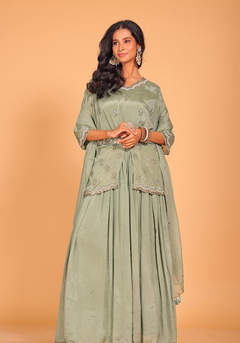 Green Embroidered Poly Chiffon Jacket Set