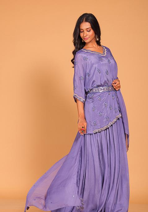 Purple Embroidered Poly Chiffon Jacket Set