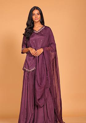 Rust Embroidered Poly Chiffon Jacket Set