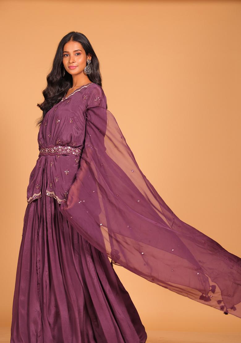 Rust Embroidered Poly Chiffon Jacket Set