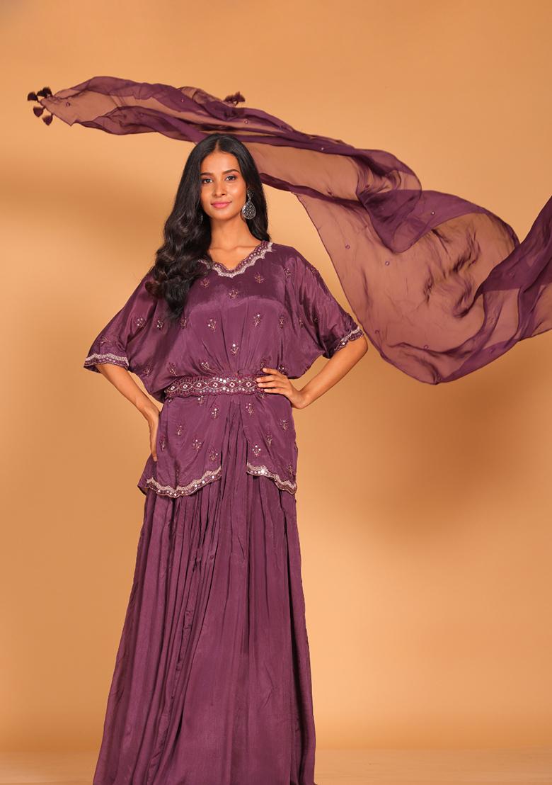 Rust Embroidered Poly Chiffon Jacket Set