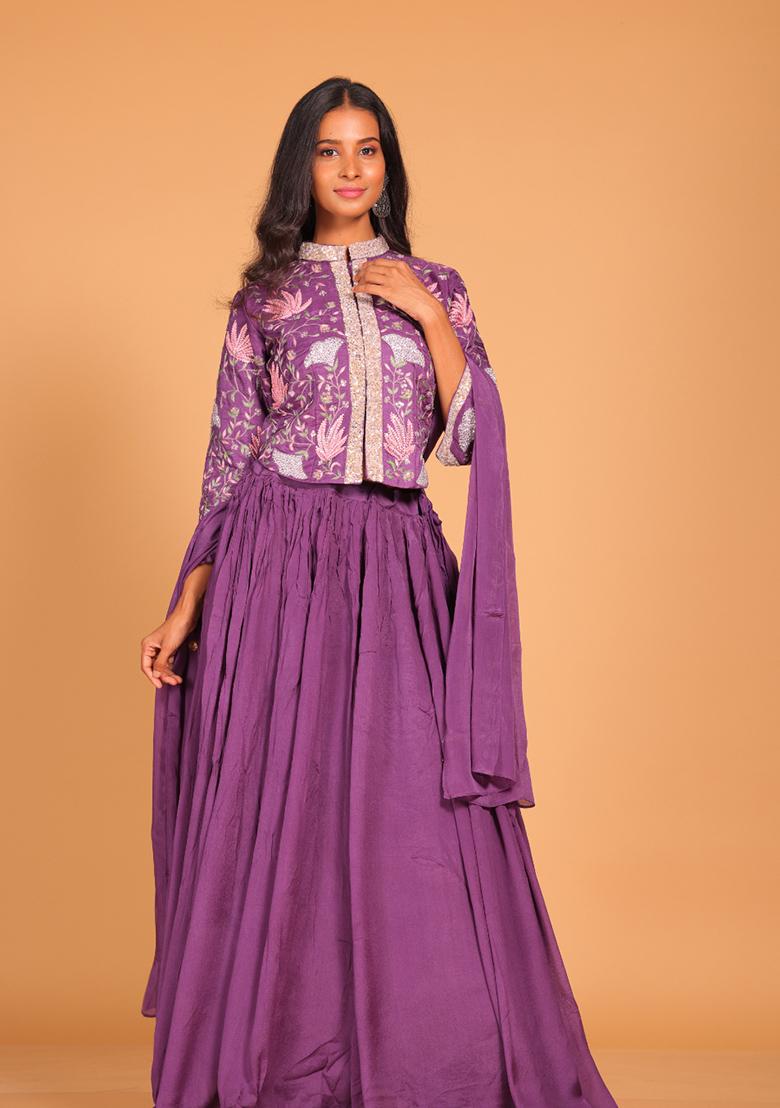 Purple Embroidered Poly Chiffon Skirt Set