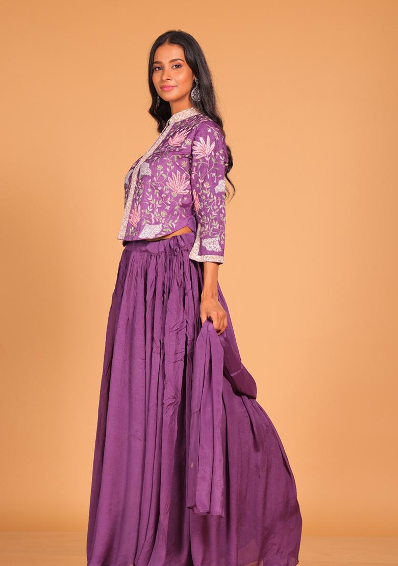 Purple Embroidered Poly Chiffon Skirt Set