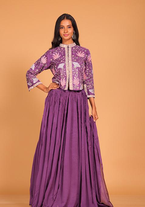 Purple Embroidered Poly Chiffon Skirt Set