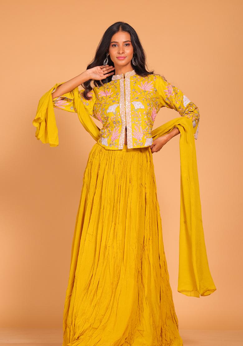 Mustard Embroidered Poly Chiffon Skirt Set - Indya