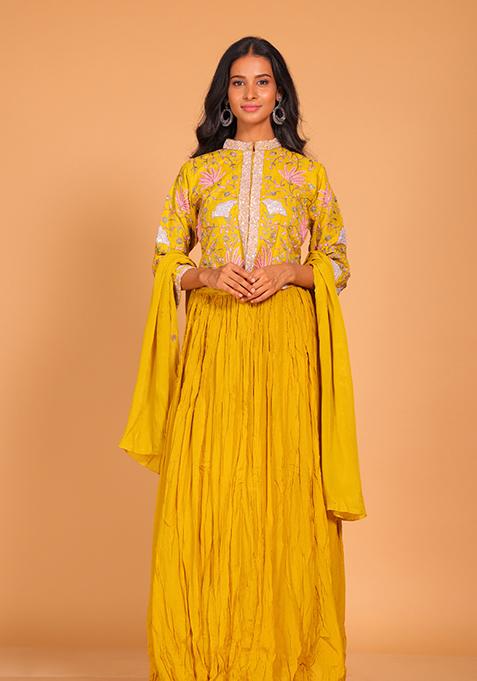 Mustard Embroidered Poly Chiffon Skirt Set