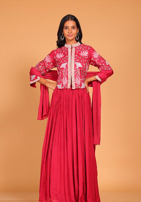 Pink Embroidered Poly Chiffon Skirt Set