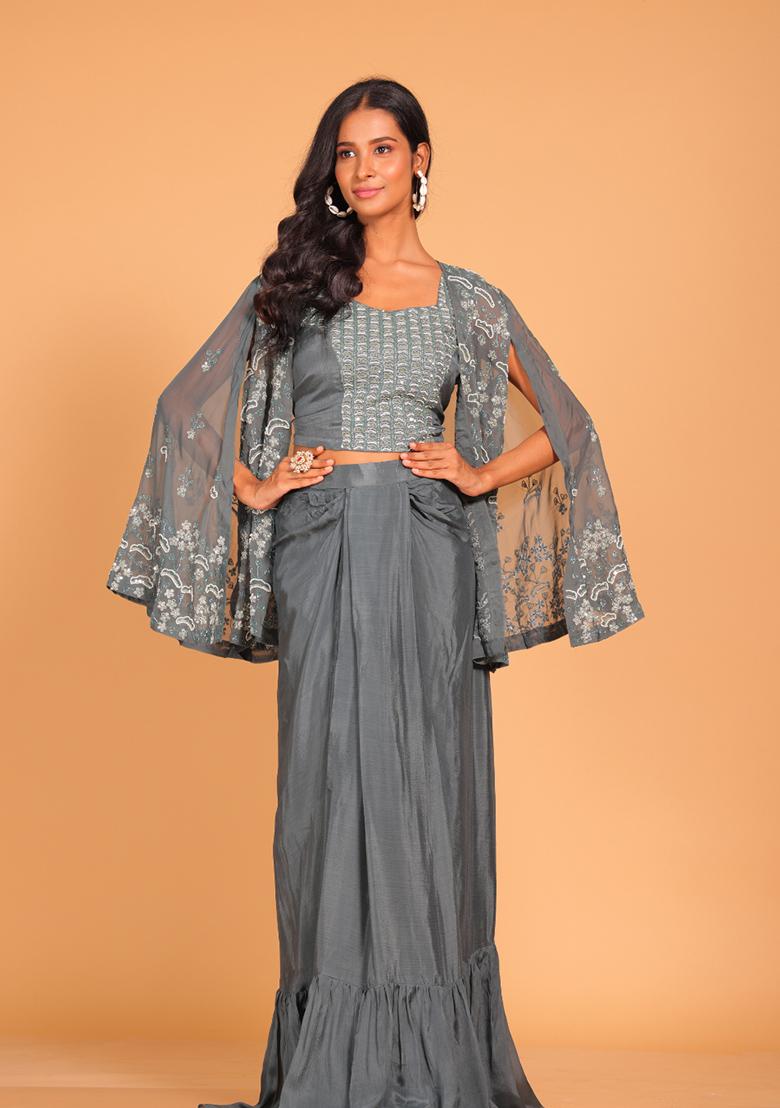 Grey Embroidered Poly Chiffon Jacket Set - Indya