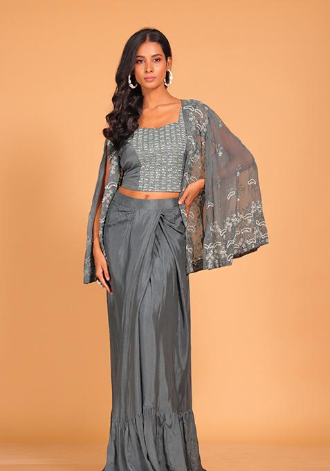 Grey Embroidered Poly Chiffon Jacket Set