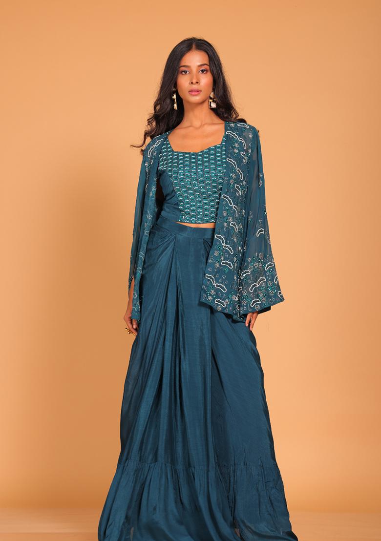 Blue Embroidered Poly Chiffon Jacket Set - Indya