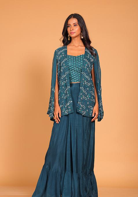 Blue Embroidered Poly Chiffon Jacket Set