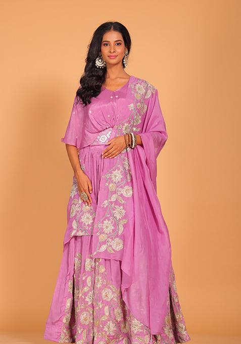 Purple Embroidered Poly Chiffon Skirt Set