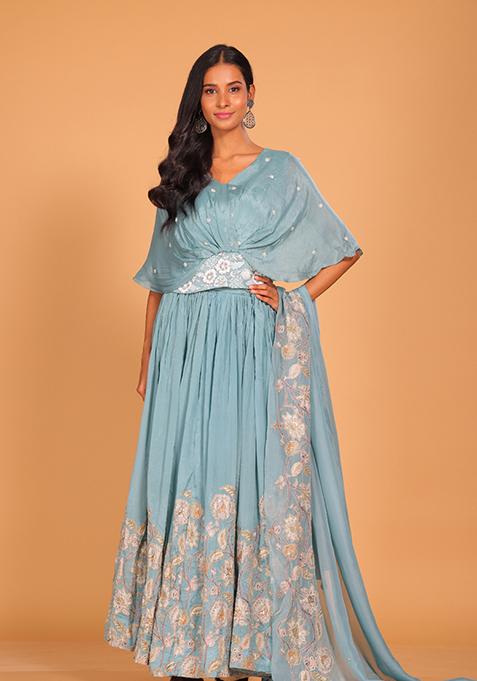 Blue Embroidered Poly Chiffon Skirt Set