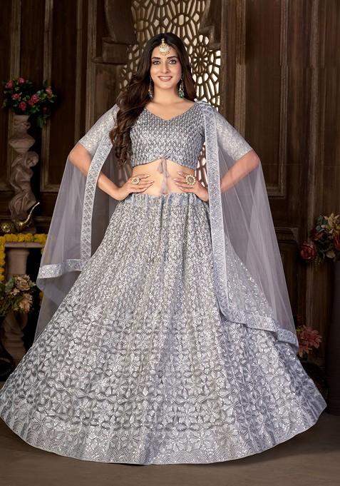 Grey Embroidered Net Lehenga Set