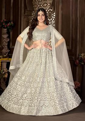 Off White Embroidered Net Lehenga Set