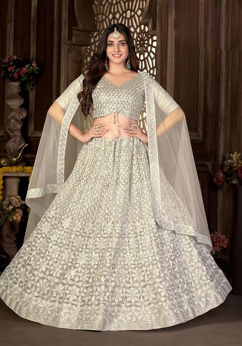 Off White Embroidered Net Lehenga Set