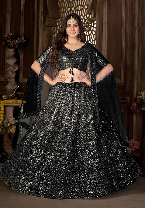 Black Embroidered Net Lehenga Set