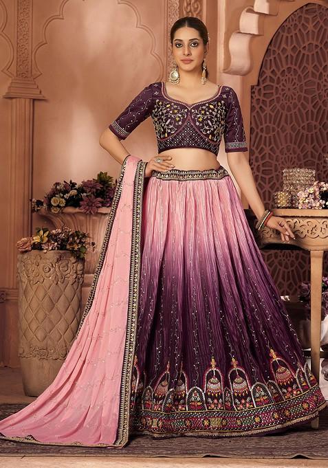 Wine Embroidered Chinon Lehenga Set