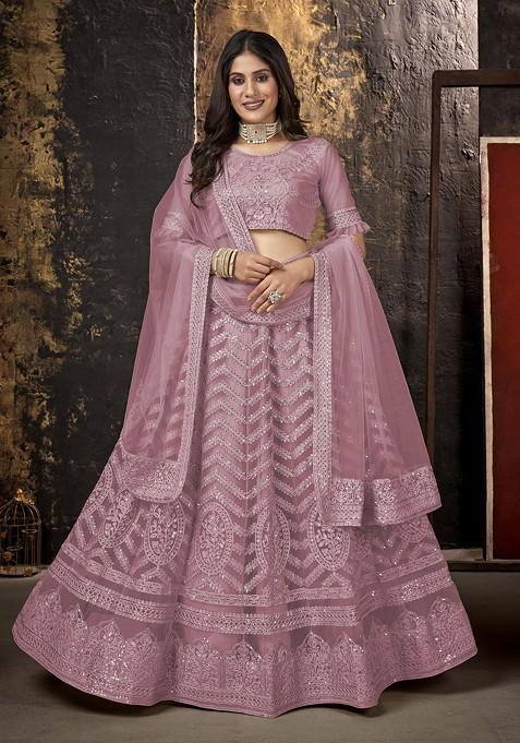 Old Rose Embroidered Net Lehenga Set