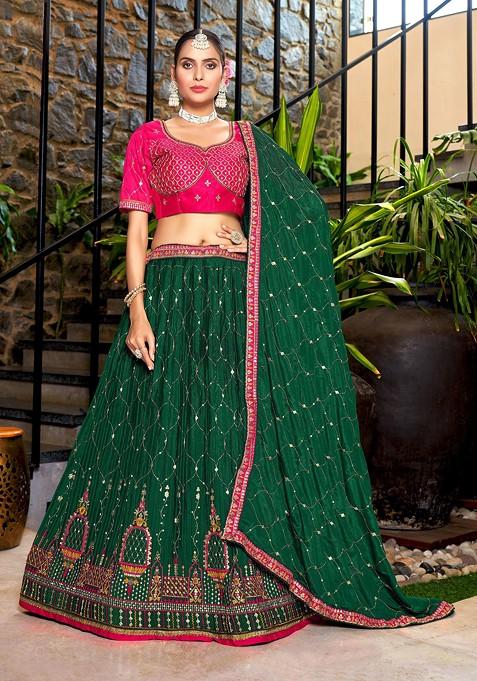 Magenta Embroidered Chinon Lehenga Set