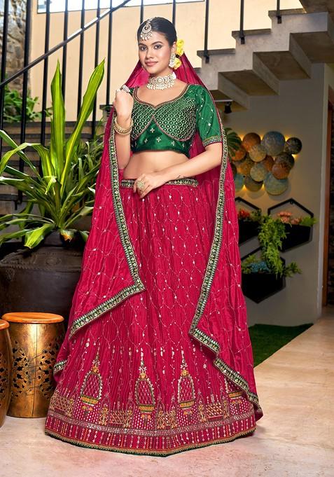 Green Embroidered Chinon Lehenga Set