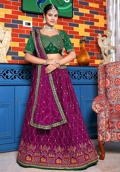 Green Embroidered Chinon Lehenga Set