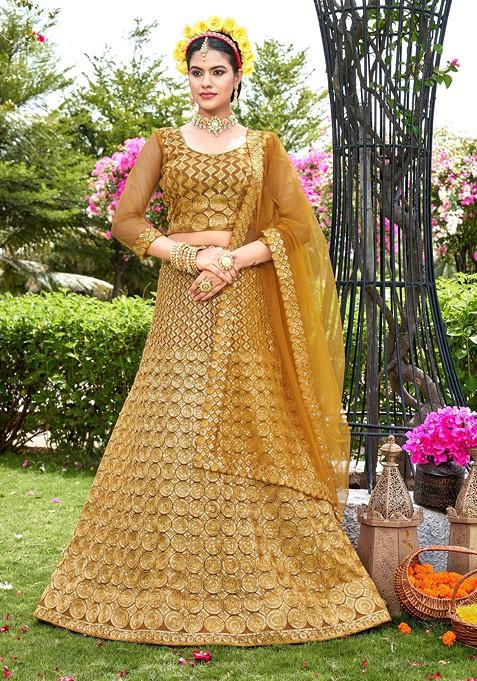 Mustard Embroidered Net Lehenga Set