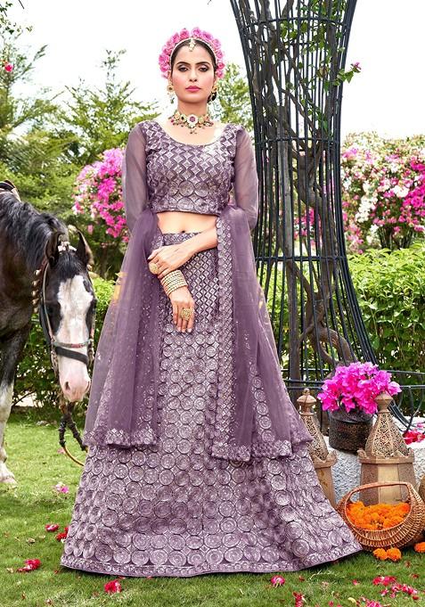 Dusty Rose Pink Embroidered Net Lehenga Set