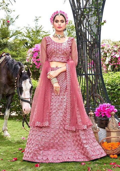 Pink Embroidered Net Lehenga Set