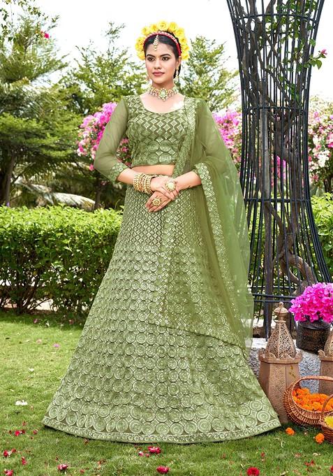 Mehendi Embroidered Net Lehenga Set