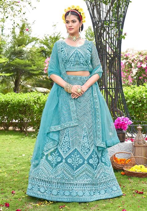 Aqua Blue Embroidered Net Lehenga Set