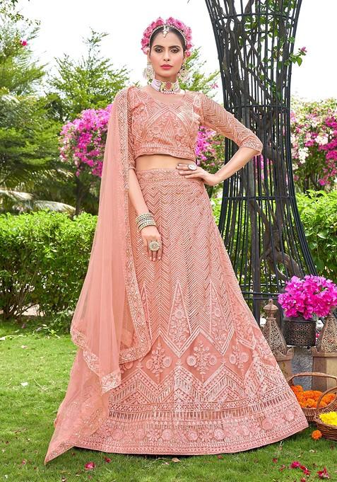 Peach Embroidered Net Lehenga Set