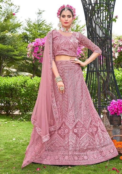 Pink Embroidered Net Lehenga Set